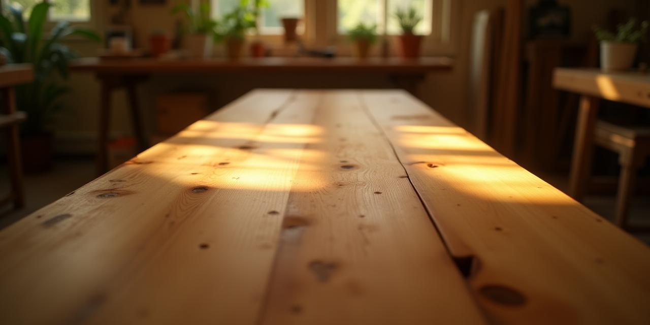 A beautifully finished handcrafted wooden dining table set in a sunlit artisanal studio